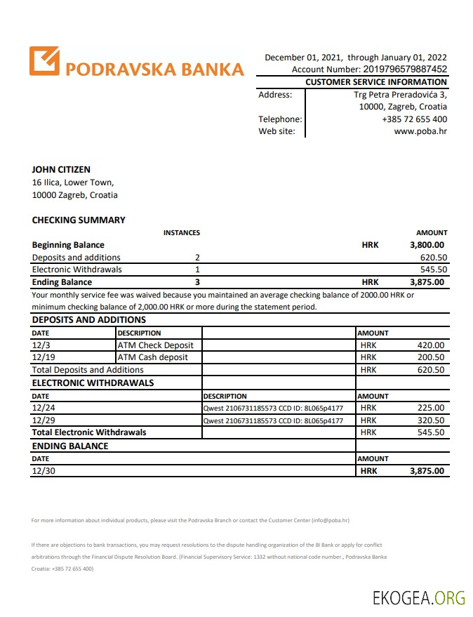 Croatie Podravska banka relevé xls